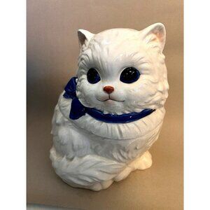 White Cat Blue Eyes Ceramic Cookie Jar Japan Vintage New w. Chip Inside Edge